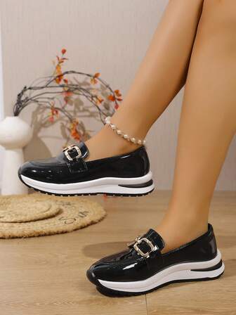 Women's Solid Color Casual Sneakers With Buckle Decor, Slip-On Flat Shoes For Students And Everyday Wear