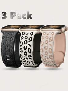 3条装双色豹纹雕刻表带，兼容表带41mm、40mm、38mm、42mm、44mm、45mm、46mm、49mm，女士款，柔软硅胶猎豹纹压花运动表带，兼容 Series 11、10、9、8、7、6、5、4、3、2、1、Ultra - 彩色 - 查看 2