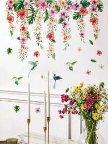 1 件墙贴 - [粉色花朵、绿叶、蝴蝶、蜂鸟] PVC 自粘可移除墙贴，适用于托儿所、儿童房、游戏室或教室 - 适合任何空间的可爱创意墙面装饰