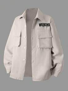 Tween Boy Loose Fit Outdoor White Letter Print Shirt, Autumn