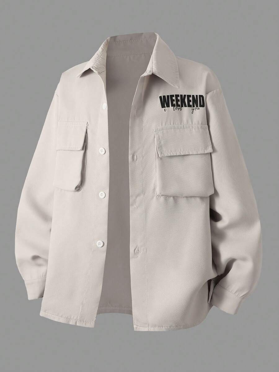 Tween Boy Loose Fit Outdoor White Letter Print Shirt, Autumn