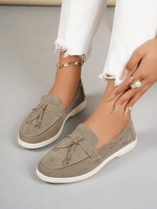 Women's Fashion Solid Color Round Toe Slip-On Loafers, Casual Outdoor Fringe Buckle Decor Soft Bottom Comfortable Ballet Flats - Khaki - View 2