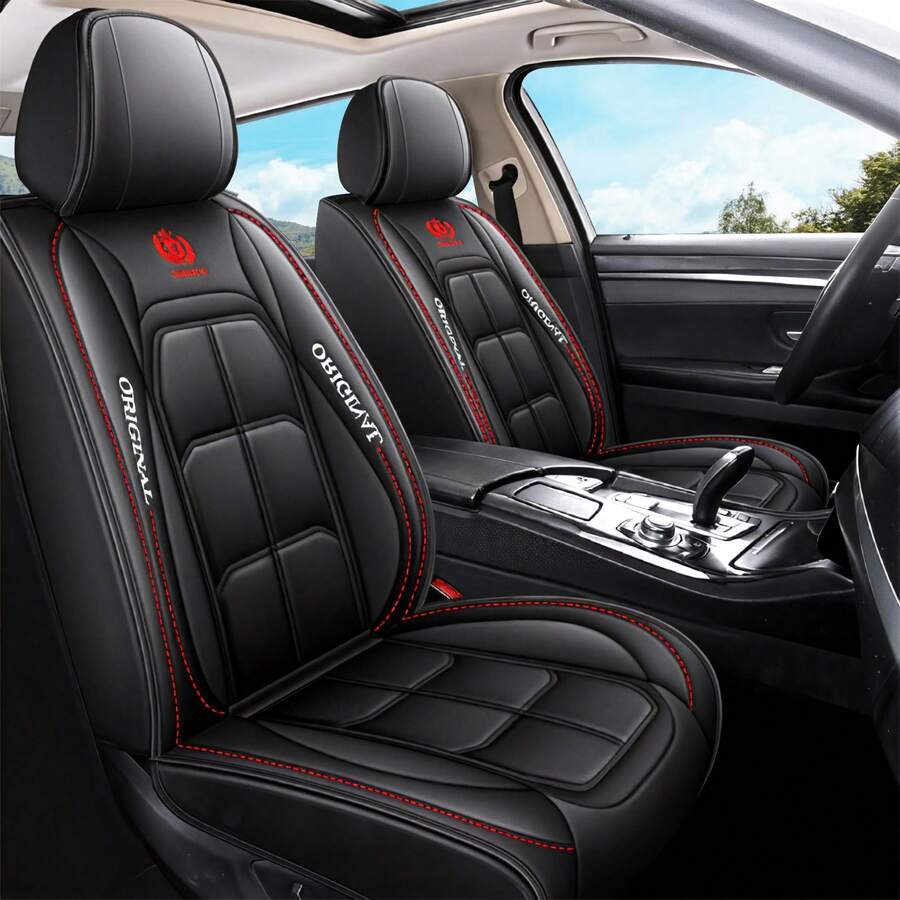 5 Seat Waterproof Luxury Leather Car Seat Cover Front Back Rear Cushion Full Wrapped Protector Universal Fit For 95% Cars SUV Truck Interior Decoration Protection Auto Accessory Easy To Clean - 黑色 - 查看 1