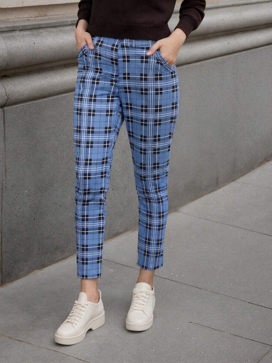 Fall Clothes For Women Pantalones De Mujer Women's Plaid High-Waist Slim Pants - Classic Plaid Pattern, Stretchy Skinny Fit, Suitable For Daily Work, Leisure, Gatherings & Multi-Scenario  Tie Dye    All    Pocket - Màu xanh lam - Xem 1