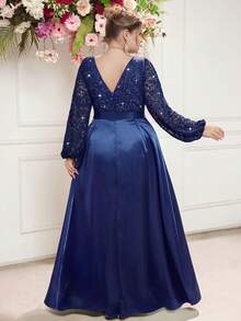 Plus Size V Neck Ruched Sequin Floral Lace Lantern Sleeve Contrast Satin Formal Party Maxi Dress, Wedding Guest Dress, Elegant Prom Dress - Navy Blue - View 3