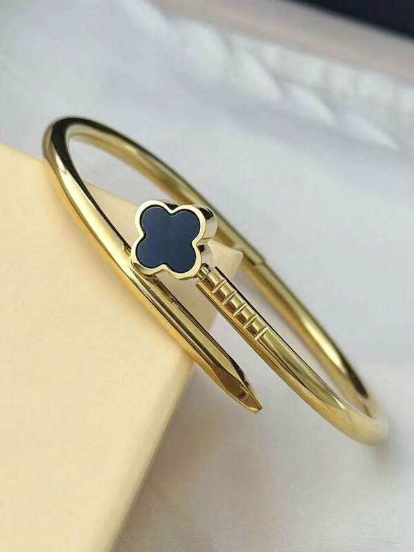 1pc Elegant Stainless Steel Four-Leaf Flower Bangle Bracelet, Waterproof & Fade-Resistant, Suitable For Women's Daily Wear, Parties & Gifts