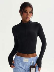 女士纯色立领拉链长袖拇指孔简约时尚运动夹克 - 黑色 - 查看 3