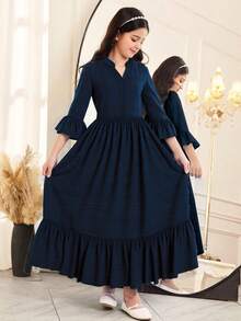 Purechapter 青少年女孩休闲时尚V领束腰喇叭袖中长连衣裙 - 藏蓝色 - 查看 1