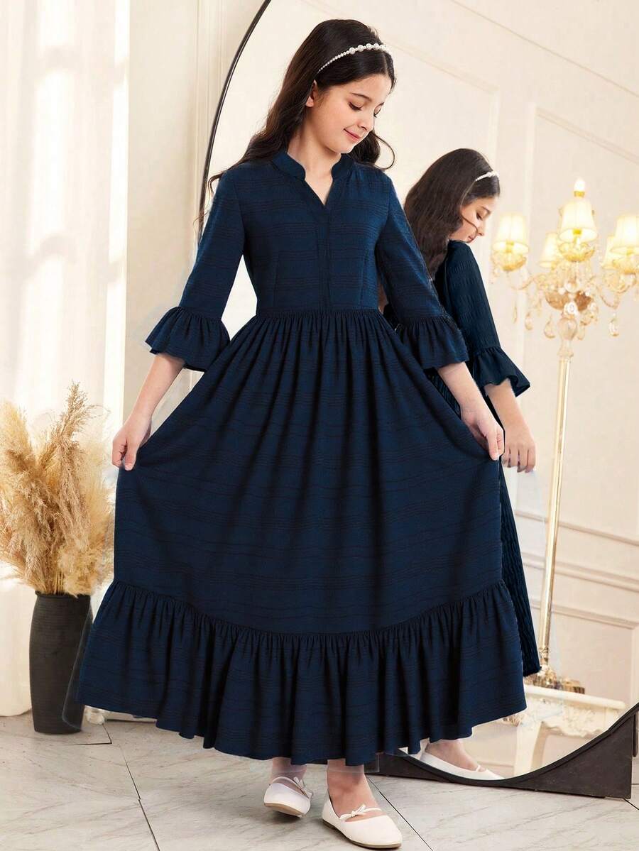 Purechapter 青少年女孩休闲时尚V领束腰喇叭袖中长连衣裙 - 藏蓝色 - 查看 1