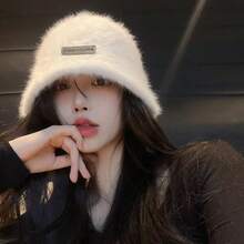 女款白兔毛渔夫帽蓬松柔软渔夫帽简约高端小巧遮脸保暖渔夫帽秋冬秋季装 - 鐵標仿兔毛水桶帽 - 查看 1