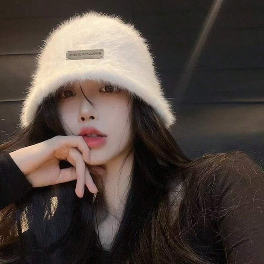 女款白兔毛渔夫帽蓬松柔软渔夫帽简约高端小巧遮脸保暖渔夫帽秋冬秋季装 - 鐵標仿兔毛水桶帽 - 查看 1