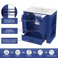76 x 46 x 78,5 cm Mobile da bagno a terra, mobiletto lavabo, finitura completamente laccata, ripiani a doppia anta, cassetti silenziosi, ripiani su entrambi i lati, lavabo in ceramica integrato, blu