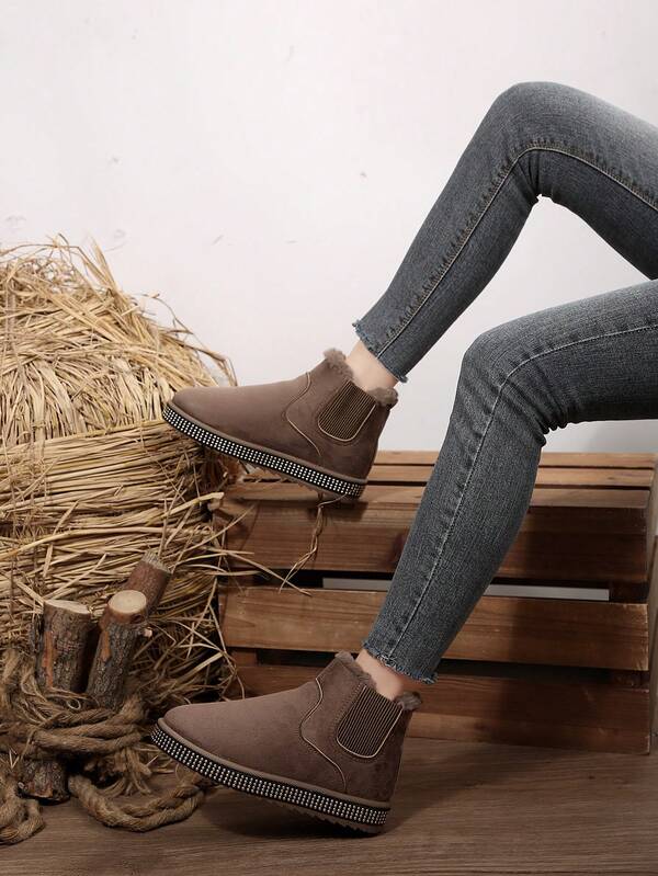 Women's Brown New Fashion Comfortable Round Toe Slip-On Boots With Faux Fur Lining, Rhinestone Decor, Outdoor Anti-Slip Thick Sole Snow Boots For Autumn/Winter