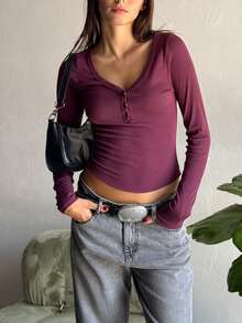 Womens Long Sleeve Henley Shirts Casual Spring Fall Crop Tops Slim Fitted Cute Ribbed Basic Tees Solid V Neck Going Out Tunic Blouse - Red Violet - View 3