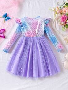 Young Girls Casual Cap Sleeve Asymmetrical Fish Scale Floral Print Bow Mesh Sequin Long Sleeve Dress