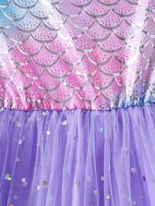 Young Girls Casual Cap Sleeve Asymmetrical Fish Scale Floral Print Bow Mesh Sequin Long Sleeve Dress