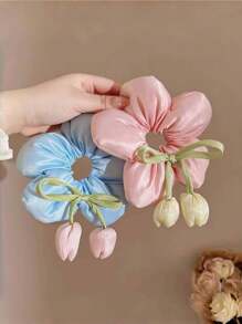Girls' Dopamine Color Satin 3D Elegant Sponge Flower Hair Ties,Oversized Curly Hair Ties,Chic Bun Holder,Daily Hair Accessories Scrunchies