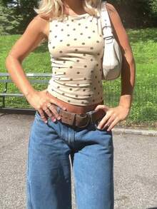 Women Summer Polka Dot Print Sleeveless Tank Top Casual Fitted Crew Neck Crop Top For Daily Wear - 米色 - 查看 3