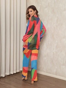 Printed Tulle Beach Cover-Up, Shirt And Pants Set - Multicolor - Ver 5
