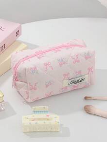 1 Pieza Bolsa de maquillaje con lazo, bolsa de almacenamiento de maquillaje de gran capacidad con asa, estilo acolchado simple, bolsa de maquillaje multifuncional, bolsa de viaje de tocador, bolsa de tocador estética de viaje, bolsa de almacenamiento de herramientas de belleza, bolsa de cosméticos para regalos, regalos para mujeres, bolsa de viaje, artículos esenciales de viaje, bolsa de mamá e hija