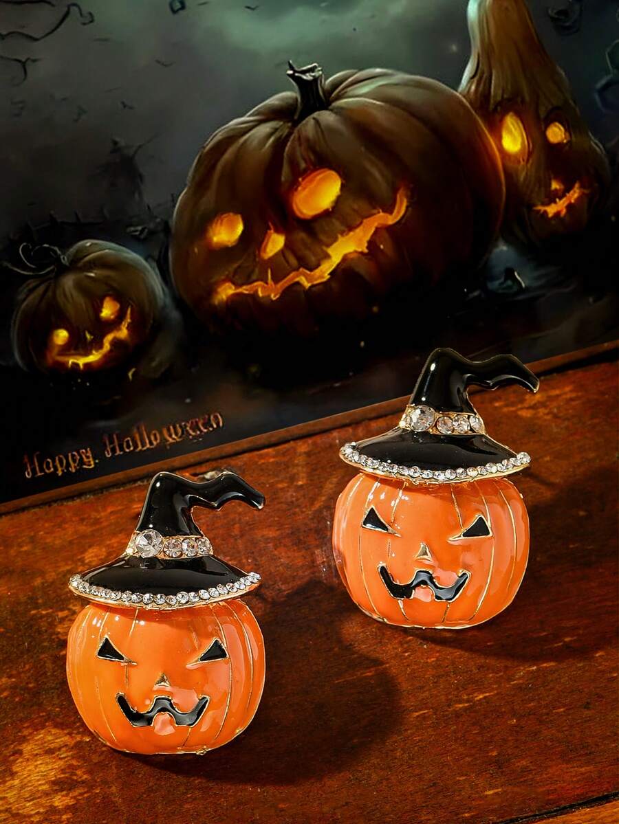 1 Pair Fashionable Alloy Drip Oil Witch Hat & Pumpkin Earrings, Funny Halloween Ghost Earrings, Cross-Border Jewelry