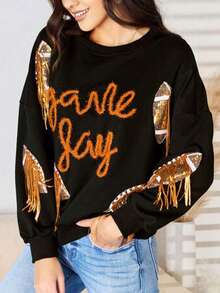 1Pcs Match/Game Day Metallic Letters And Tassel And Rugby Sequin Patch Football Jersey Pullover Sweatshirt Fall&Winter - màu đen - Xem 4