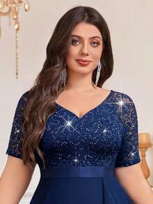 Plus V-Neck Sequin Floral Lace Contrast Chiffon Ruffle High Low Hem Formal Party Dress Wedding Guest Dress, Elegant Prom, For Graduation, Dinner - Màu xanh hải quân - Xem 8