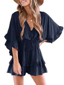Womens V Neck Beach Romper Ruffle Layered Drawstring Waisted Shorts Jumpsuit - 藏蓝色 - 查看 3