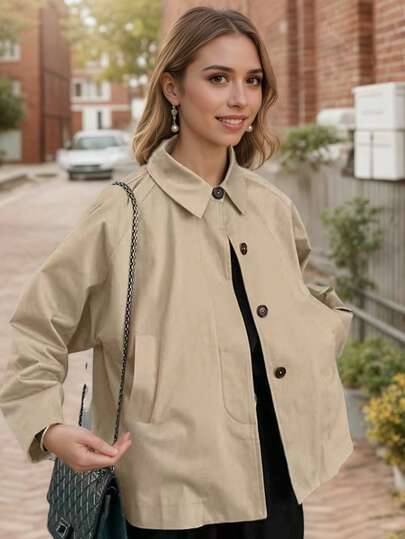 Women's Khaki Lapel Short Windbreaker Jacket & Fashionable Blouse & Versatile Slimming Top, Autumn