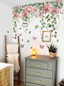1 件墙贴 - [粉色花朵、绿叶、蝴蝶、蜂鸟] PVC 自粘可移除墙贴，适用于托儿所、儿童房、游戏室或教室 - 适合任何空间的可爱创意墙面装饰
