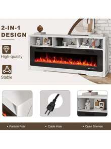 65" Fireplace TV Stand For Living Room With 60" LED Electric Entertainment Center, Modern TV Cabinet For 75" TVs With Open Storage Shelves - 白色 - 查看 6