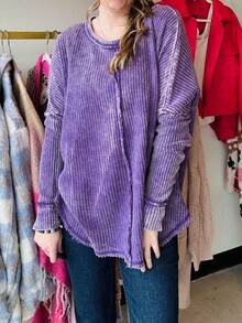 1pcs Waffle Knit Long Sleeve Top - Raw Edge Details, Back Patch, Rounded Hem, Drop Shoulders, Comfortable And Cute, Suitable For Fall And Winter, Machine Washable - Màu tím - Xem 4