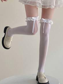 1 Pair Women's White Bow Lace Trim Cute Thigh High Socks, Lolita Style Over-The-Knee Lace Socks, Versatile For Daily Wear, All Seasons - White - View 2