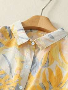 Women's Tropical Plant Print Long Sleeve Loose Fit Button-Up Shirt - Yellow - View 3