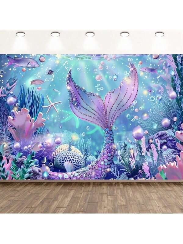 1pc Mermaid Undersea Birthday Backdrop With Purple Coral & Shiny Scales, Polyester Party Banner, Suitable For Housewarming, Anniversary And General Occasions, No Electricity Required