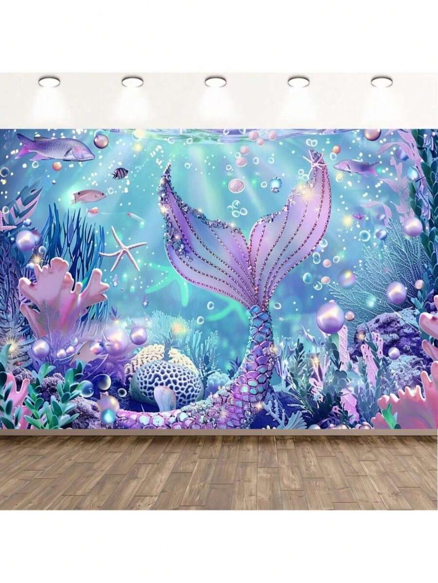 1 件美人鱼海底生日背景，带紫色珊瑚和闪亮鳞片，涤纶派对横幅，适合乔迁、周年纪念和一般场合，无需电力 - 多色 - 查看 1