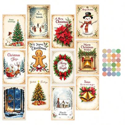 12 Stücke Vintage Weihnachts-Wandkollage Postkarten, festliche Weihnachtsbaum-, Schneemann- und Rentier-Designs als kleine Poster für Zimmer, Zuhause, Studentenwohnheim Wanddekoration, ästhetische Weihnachtsfotos Bilderkollage