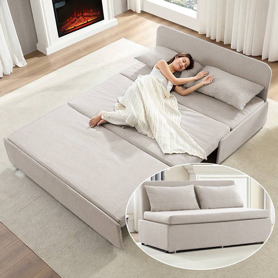Puremind Modern Queen Size Loveseat Sofa Bed, 2 In 1 Convertible Linen Fabric 2-Seater Sleeper Sofa Couch With Cushions - 米色 - 查看 1