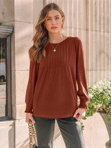 GEREARC Women's Crewneck  Pleated Lantern Long Sleeve Tunic Blouses  Lightweight Soft Casual Elegant Loose Tops - 楓葉紅 - 查看 3