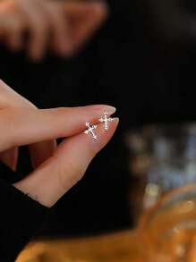 1 对 S925 纯银十字架吊坠耳环，银十字架链夏季耳环首饰，适合日常佩戴/毕业季/婚礼季/礼物