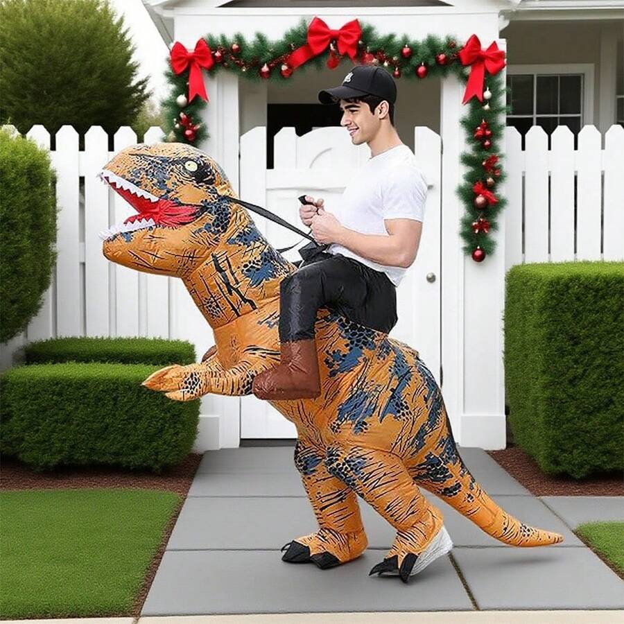 Disfraz inflable T-Rex adultos dinosaurio mujeres hombres fiesta divertida disfraz inflable dinosaurio decoración fiestas divertidas vestido disfraz personalizado Halloween accesorio esencial temporada otoño Halloween y fiestas temáticas. - Marrón - Ver 1