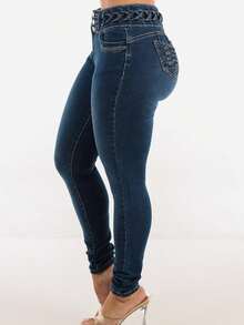 Butt Lift High Waist Skinny Jeans Dark Wash W Lace Up Design - 彩色 - 查看 4