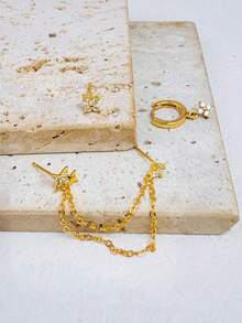 Bộ 3 bông tai mặt dây chuyền hình hoa đính đá Zirconia, có thể đeo chồng lên nhau, phù hợp cho phụ nữ và bé gái; Bông tai mặt dây chuyền hình ngôi sao mạ vàng 14K, trang sức xỏ khuyên lãng mạn, phù hợp với sụn tai, dái tai, vành tai, nắp tai, đeo hàng ngày. - 3 chiếc-Vàng-4# - Xem 4