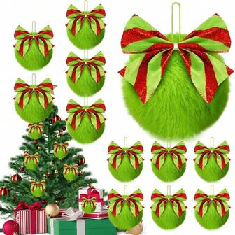 1/2 piezas Bola esponjosa verde Adorno de árbol de Navidad, Bola de peluche de 6cm/8cm con lazo, Decoración navideña para el hogar, árbol de Navidad, chimenea, fiesta de Navidad
