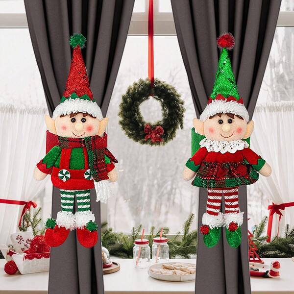 2 muñecas con orejas puntiagudas decorativas de Navidad con 2 cortinas de hadas navideñas autoadhesivas, adecuadas para celebraciones familiares y festivas, decoración navideña, decoraciones de Acción de Gracias, decoración del hogar navideño, decoración de ventanas navideñas, adecuadas para decoración de cortinas y almacenamiento de cortinas, regalos colgantes de tela navideña