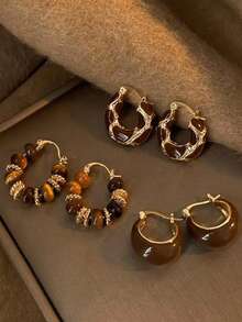 3pairs Vintage Textured U-Shaped Hoop Earrings For Women, Simple And Elegant Design