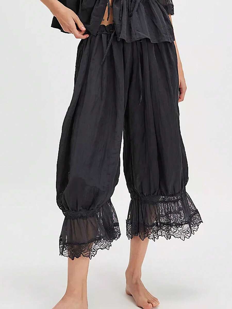 Women Lace Trim Long Bloomers Y2k Elastic Mid Rise Ruffle Victorian Pantaloons Cropped Flared Slips Pants Pumpkin Pants - Black - View 1