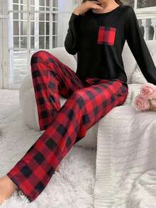Women's Plaid Patchwork Round Neck Long Sleeve Top And Pants Pajama Set - Black - View 3