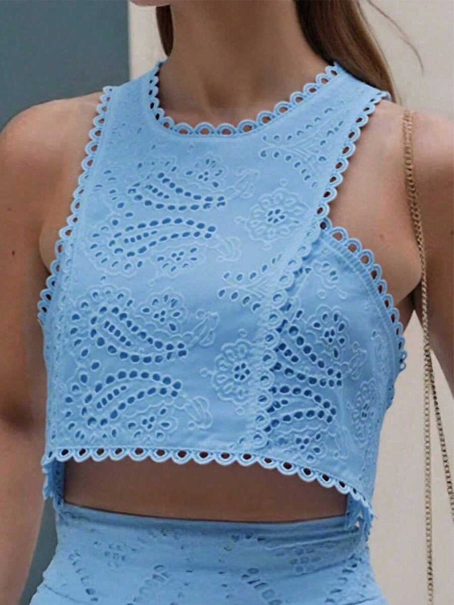 1 pieza Blusa corta sin mangas con bordado floral hueco vintage, patrón floral aleatorio - Azul - Ver 1