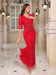 JINLICX V-Neck Sleeveless Beaded Tassel Decor Luxurious Party Wedding Dress - Red - View 4